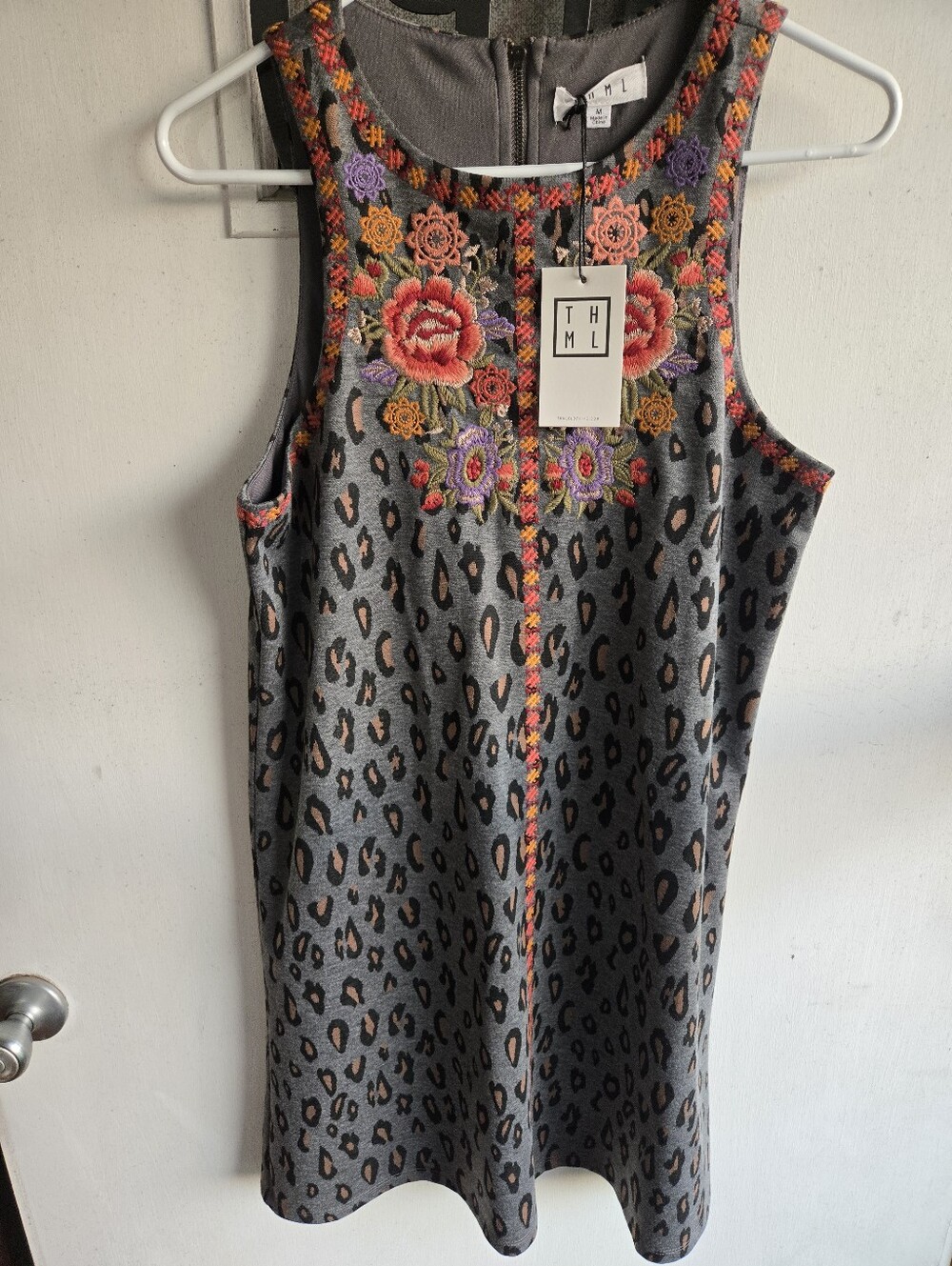 THML Grey Leopard Mini Dress with Multicolor Floral Embroidery NWT